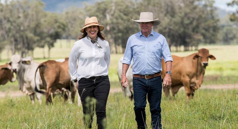Cam and Lisa Hughes stand in front of some cows
